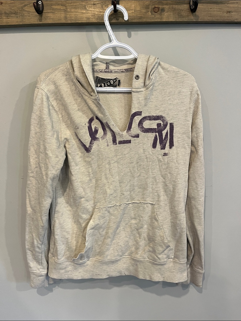 Volcom Heather Gray Pullover Hoodie with Purple Chest Logo